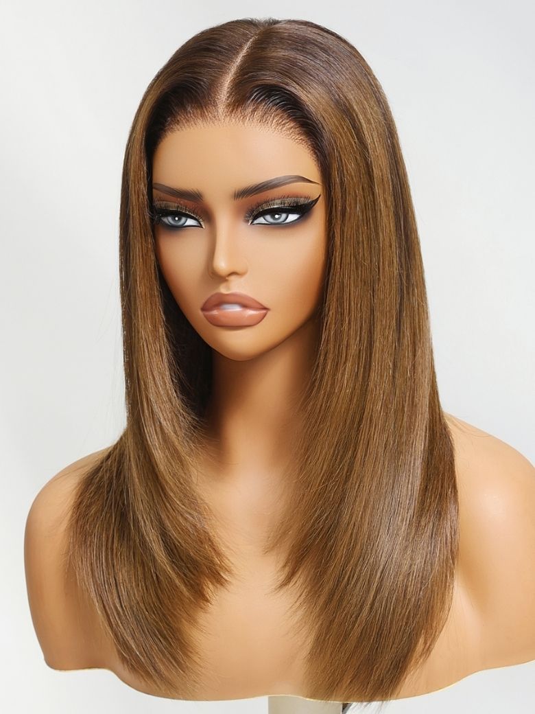 Onime 13x4 Layer Cut Straight Wig Brown and Honey Blonde Ombre Put on and Go Wig Invisible Knots 180% Density