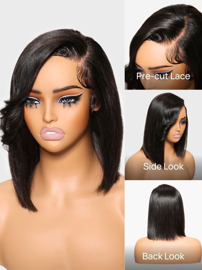 Onime 4x4 Pre-cut Lace Closure Bob Wig Side Part 12inch Pre-bleached Invisible Konts Put On and Go Human Hair Wig