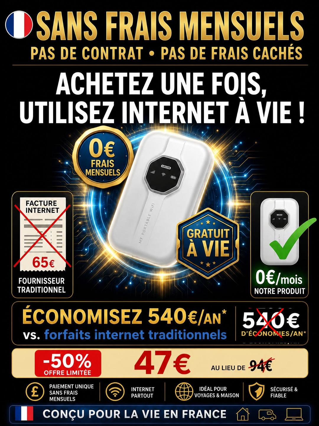 WiFi portable illimité, couverture mondiale, gratuit à vie