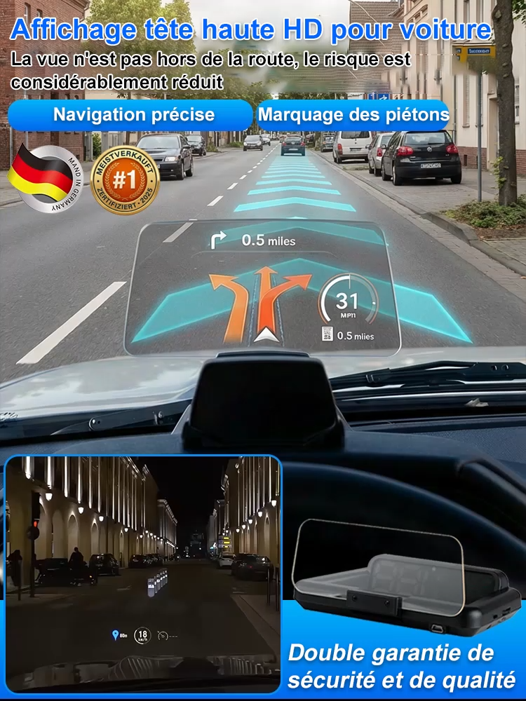 ⚡Pas besoin de changer de voiture! Tout dans votre champ de vision : GPS, vitesse, alertes, notifications – sans jamais quitter la route des yeux | Affichage tête haute HD pour voiture