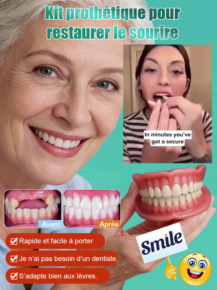 💯Certifié avec la plus haute norme de sécurité alimentaire!【Sourire Confiant】Dentier Révolutionnaire : Ajustement Parfait en 1 Seconde !