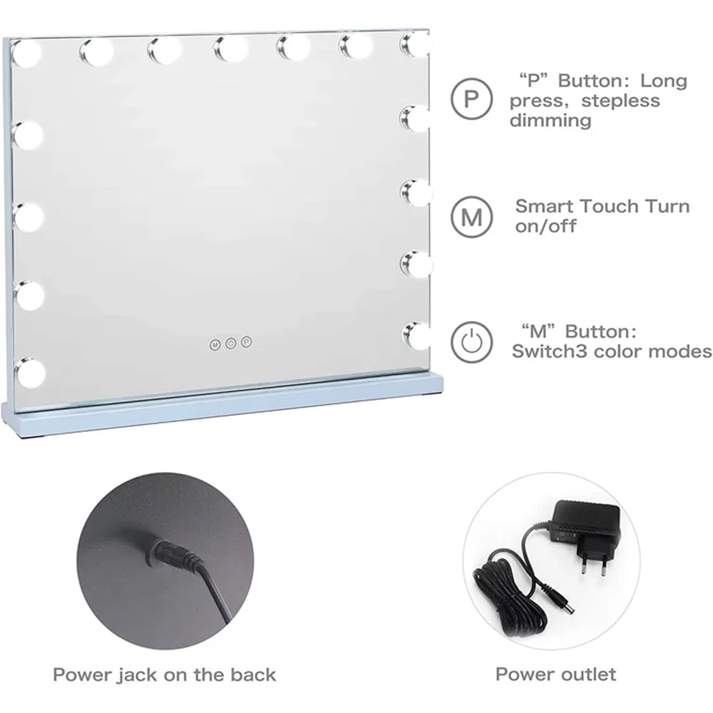 Large Hollywood Vanity Mirror with Lights Wall Mount Tabletop Metal White