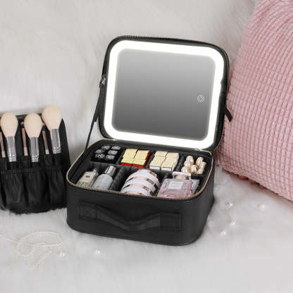 Makeup Bag with Lighted Mirror, Travel Make up Train Case with Adjustable LED