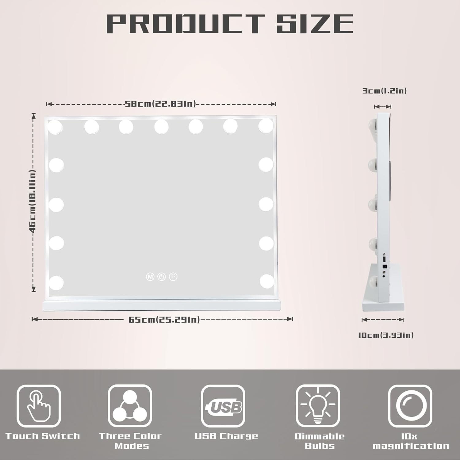 Large Hollywood Vanity Mirror with Lights Wall Mount Tabletop Metal White