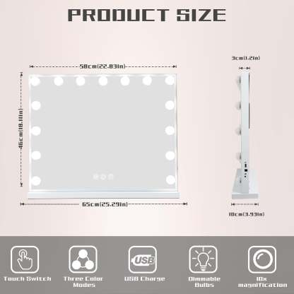 Large Hollywood Vanity Mirror with Lights Wall Mount Tabletop Metal White