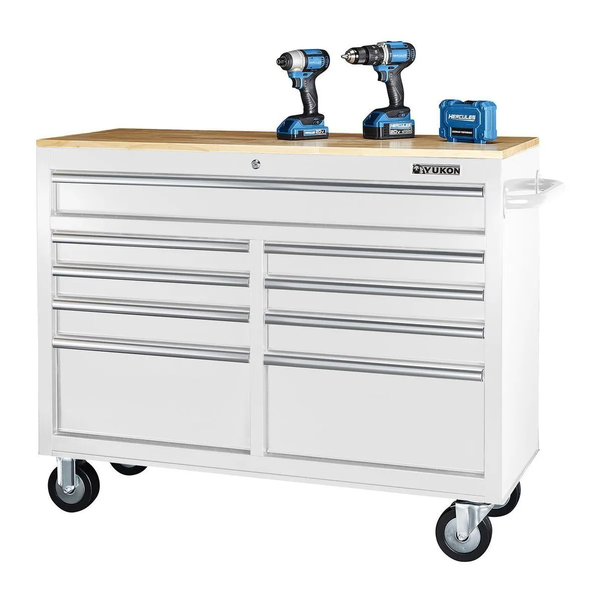 46 in. 9-Drawer Mobile Storage Cabinet with Solid Wood Top - White Workbench