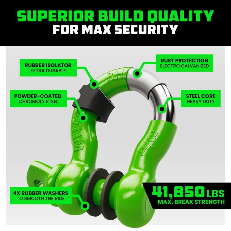 Rhino USA D Ring Shackles (2-Pack) - 41,850lb Break Strength – Heavy Duty 3/4" Clevis Shackle with 7/8 Pin for Towing & Off-Road Use - Pairs with Tow Strap for Vehicle Recovery