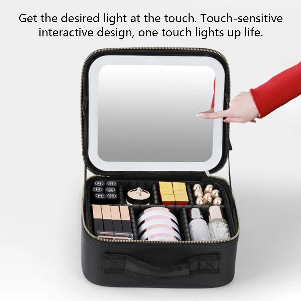Makeup Bag with Lighted Mirror, Travel Make up Train Case with Adjustable LED