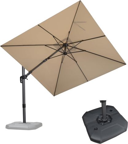 11 Feet Patio Umbrella with Base Outdoor Cantilever Round Umbrella Aluminum Offset Umbrella with 360-degree Rotation for Garden Deck Pool Patio, Beige