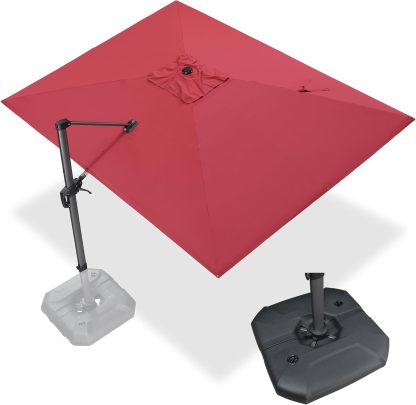 11 Feet Patio Umbrella with Base Outdoor Cantilever Round Umbrella Aluminum Offset Umbrella with 360-degree Rotation for Garden Deck Pool Patio, Beige