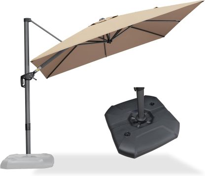 11 Feet Patio Umbrella with Base Outdoor Cantilever Round Umbrella Aluminum Offset Umbrella with 360-degree Rotation for Garden Deck Pool Patio, Beige