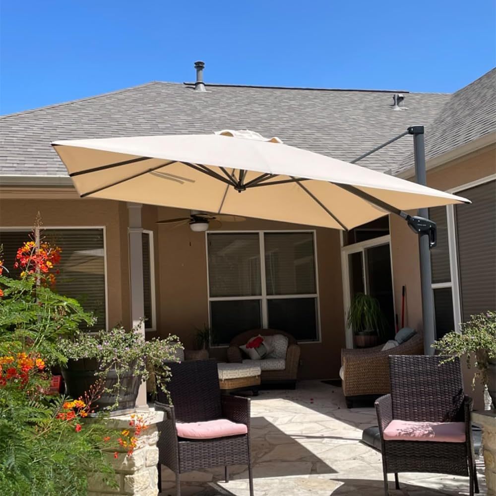 11 Feet Patio Umbrella with Base Outdoor Cantilever Round Umbrella Aluminum Offset Umbrella with 360-degree Rotation for Garden Deck Pool Patio, Beige