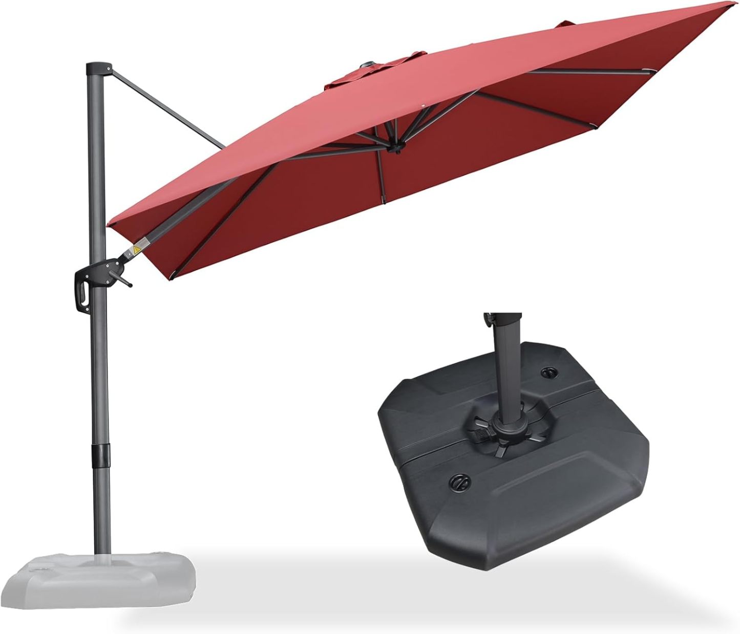 11 Feet Patio Umbrella with Base Outdoor Cantilever Round Umbrella Aluminum Offset Umbrella with 360-degree Rotation for Garden Deck Pool Patio, Beige