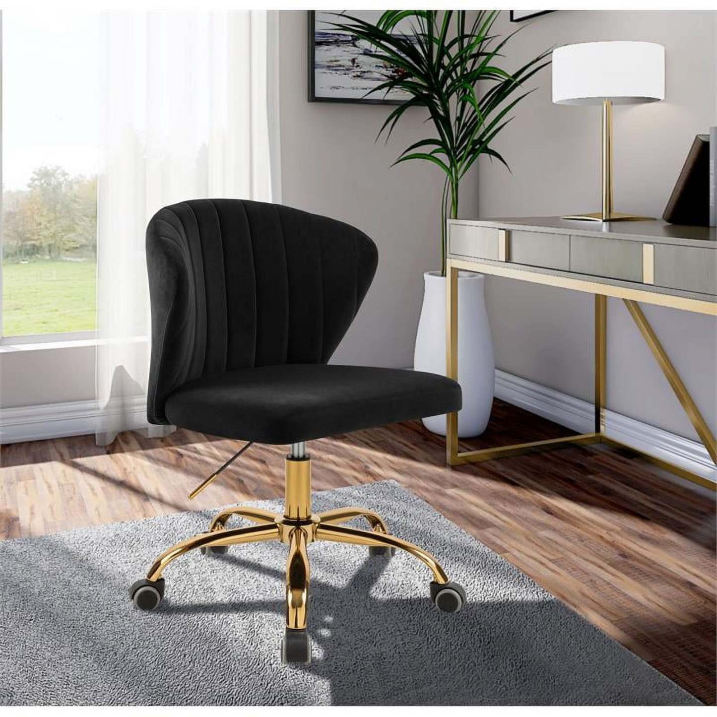 Meridian Furniture Finley Swivel Adjustable Black Velvet and Chrome Office Chair