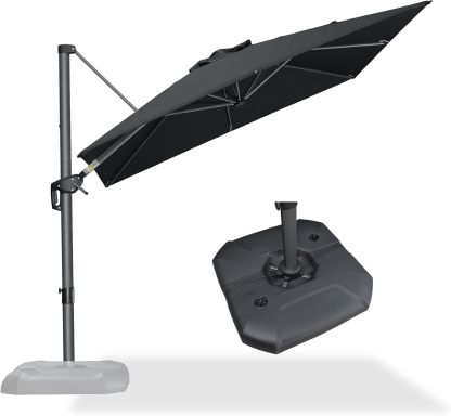 11 Feet Patio Umbrella with Base Outdoor Cantilever Round Umbrella Aluminum Offset Umbrella with 360-degree Rotation for Garden Deck Pool Patio, Beige