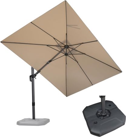 11 Feet Patio Umbrella with Base Outdoor Cantilever Round Umbrella Aluminum Offset Umbrella with 360-degree Rotation for Garden Deck Pool Patio, Beige