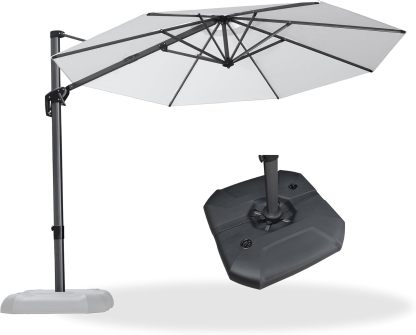 11 Feet Patio Umbrella with Base Outdoor Cantilever Round Umbrella Aluminum Offset Umbrella with 360-degree Rotation for Garden Deck Pool Patio, Beige