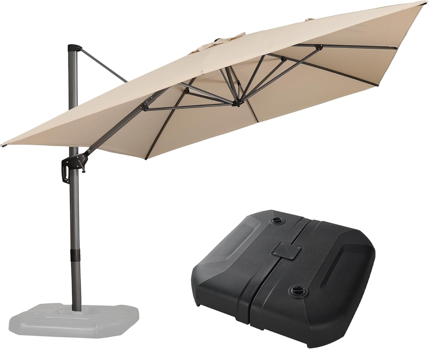 11 Feet Patio Umbrella with Base Outdoor Cantilever Round Umbrella Aluminum Offset Umbrella with 360-degree Rotation for Garden Deck Pool Patio, Beige