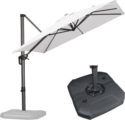 11 Feet Patio Umbrella with Base Outdoor Cantilever Round Umbrella Aluminum Offset Umbrella with 360-degree Rotation for Garden Deck Pool Patio, Beige