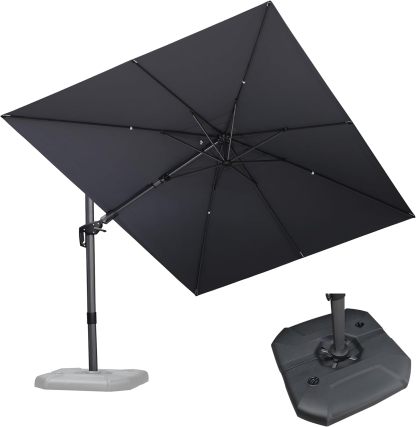 11 Feet Patio Umbrella with Base Outdoor Cantilever Round Umbrella Aluminum Offset Umbrella with 360-degree Rotation for Garden Deck Pool Patio, Beige