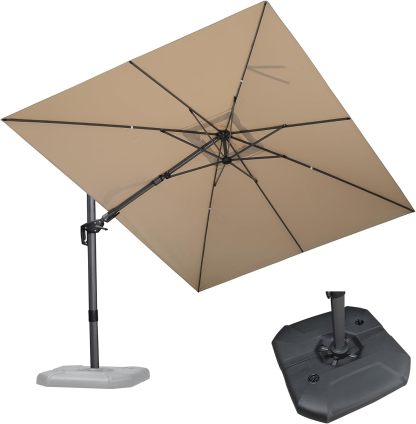 11 Feet Patio Umbrella with Base Outdoor Cantilever Round Umbrella Aluminum Offset Umbrella with 360-degree Rotation for Garden Deck Pool Patio, Beige