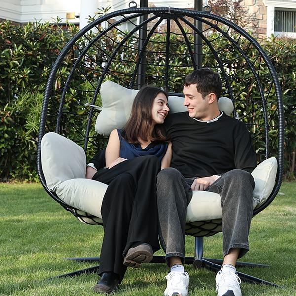 RIWENGO Double Hanging Egg Chair with Cushion, 700lbs Capacity - Foldable Patio Chair with Handwoven PE Wicker & Rust-Proof Frame, for Garden, Porch, Backyard