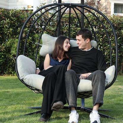 RIWENGO Double Hanging Egg Chair with Cushion, 700lbs Capacity - Foldable Patio Chair with Handwoven PE Wicker & Rust-Proof Frame, for Garden, Porch, Backyard