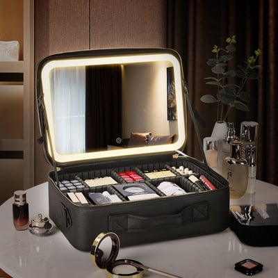 Makeup Bag with Lighted Mirror, Travel Make up Train Case with Adjustable LED