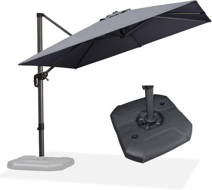 11 Feet Patio Umbrella with Base Outdoor Cantilever Round Umbrella Aluminum Offset Umbrella with 360-degree Rotation for Garden Deck Pool Patio, Beige