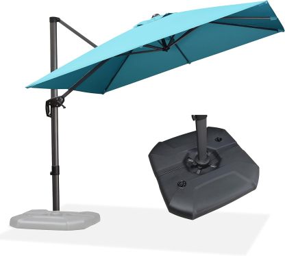 11 Feet Patio Umbrella with Base Outdoor Cantilever Round Umbrella Aluminum Offset Umbrella with 360-degree Rotation for Garden Deck Pool Patio, Beige