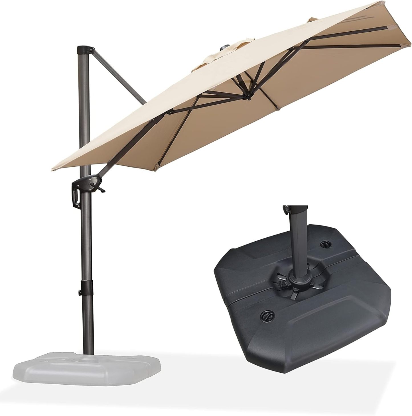 11 Feet Patio Umbrella with Base Outdoor Cantilever Round Umbrella Aluminum Offset Umbrella with 360-degree Rotation for Garden Deck Pool Patio, Beige