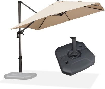 11 Feet Patio Umbrella with Base Outdoor Cantilever Round Umbrella Aluminum Offset Umbrella with 360-degree Rotation for Garden Deck Pool Patio, Beige