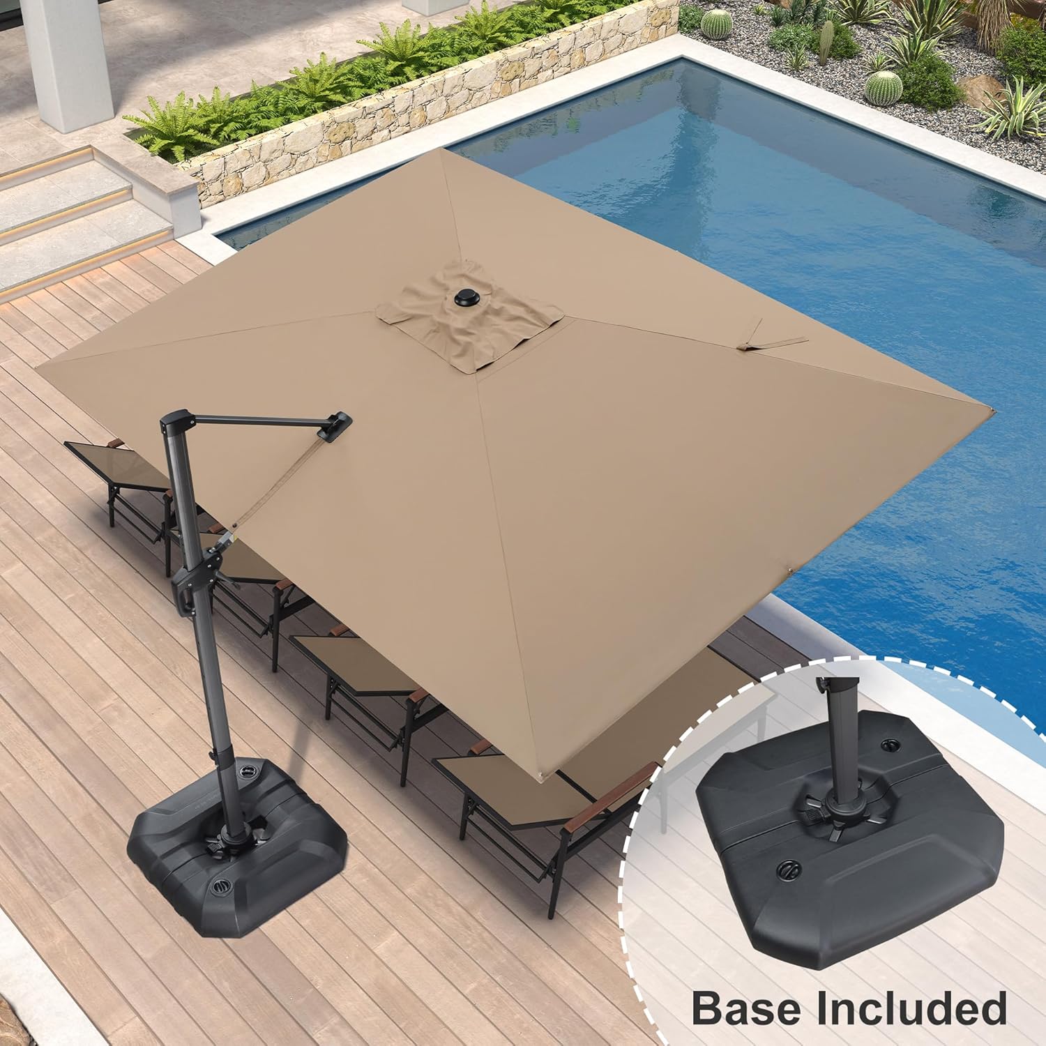 11 Feet Patio Umbrella with Base Outdoor Cantilever Round Umbrella Aluminum Offset Umbrella with 360-degree Rotation for Garden Deck Pool Patio, Beige