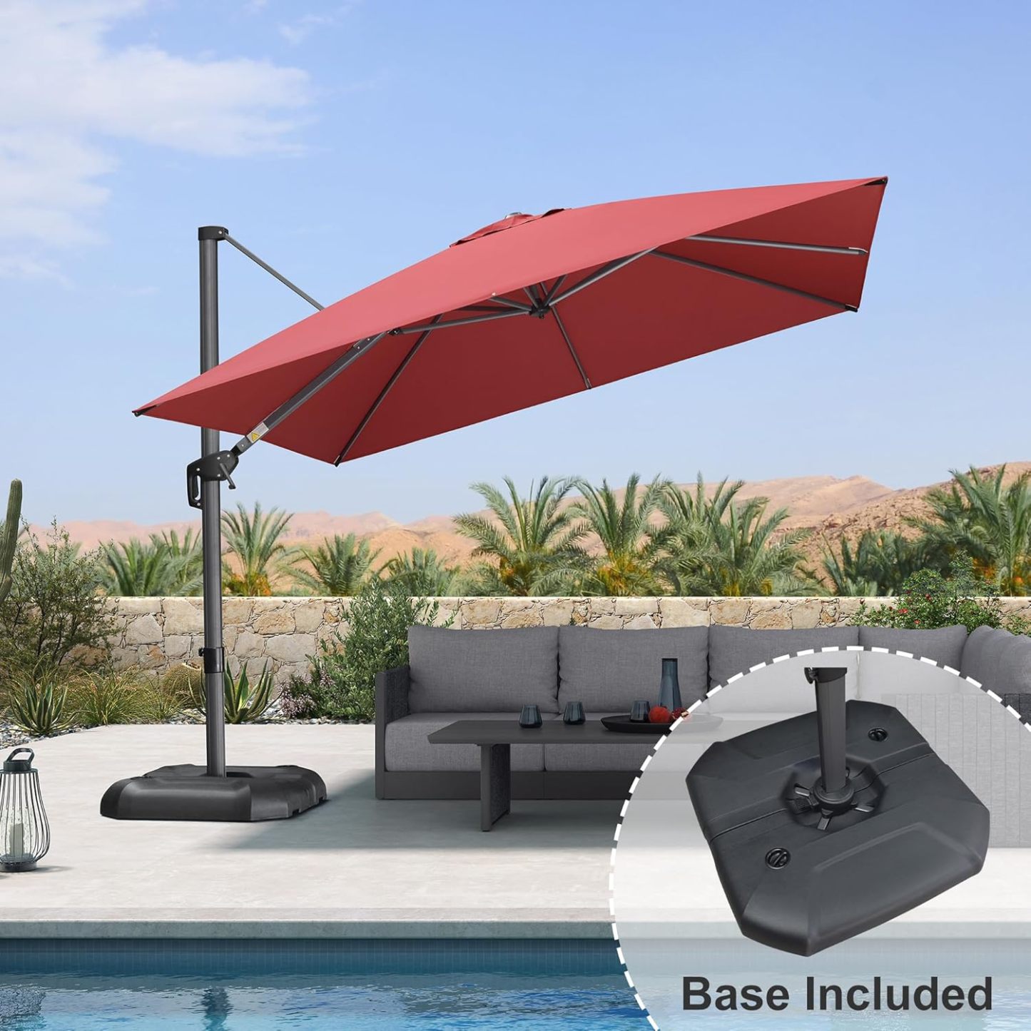 11 Feet Patio Umbrella with Base Outdoor Cantilever Round Umbrella Aluminum Offset Umbrella with 360-degree Rotation for Garden Deck Pool Patio, Beige