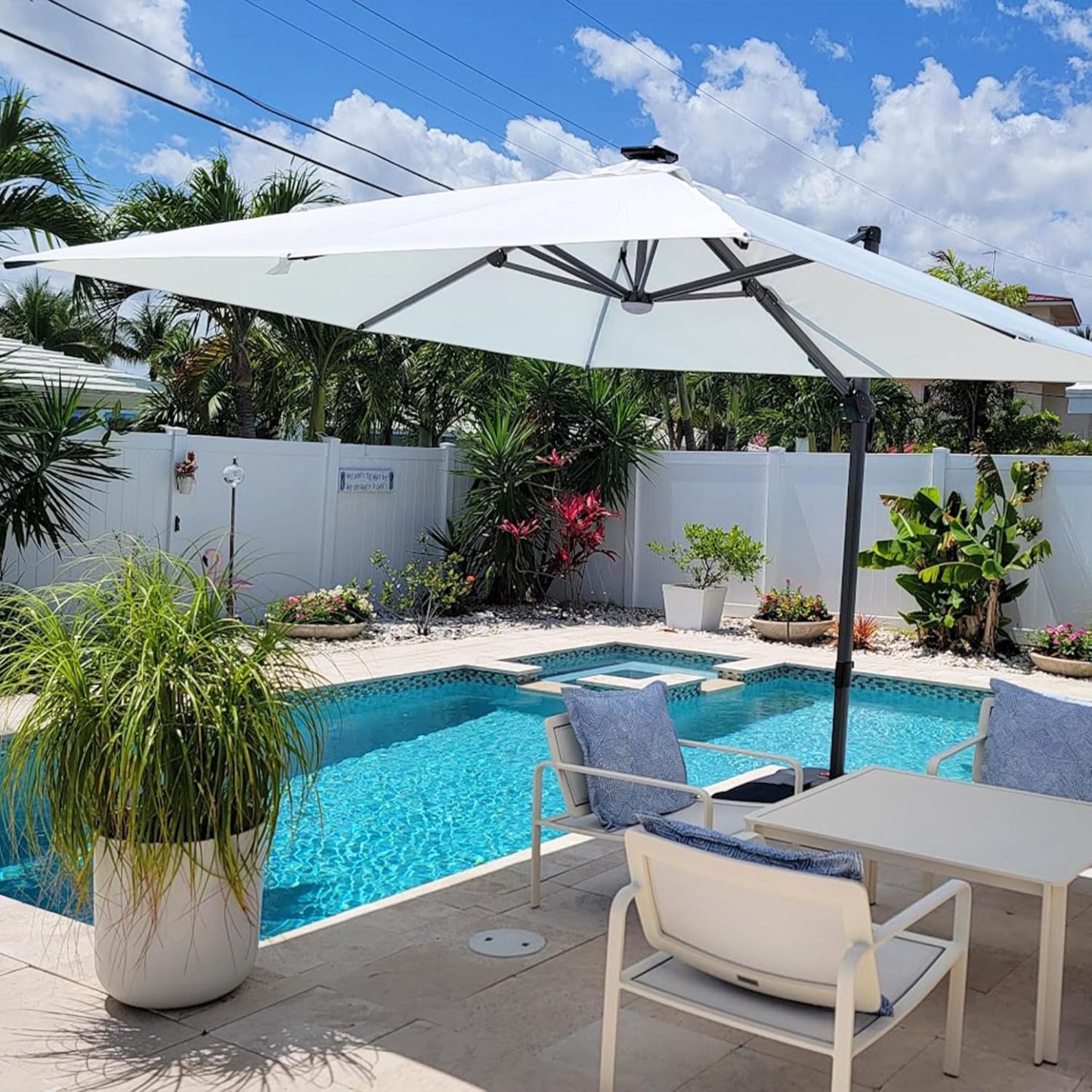 11 Feet Patio Umbrella with Base Outdoor Cantilever Round Umbrella Aluminum Offset Umbrella with 360-degree Rotation for Garden Deck Pool Patio, Beige