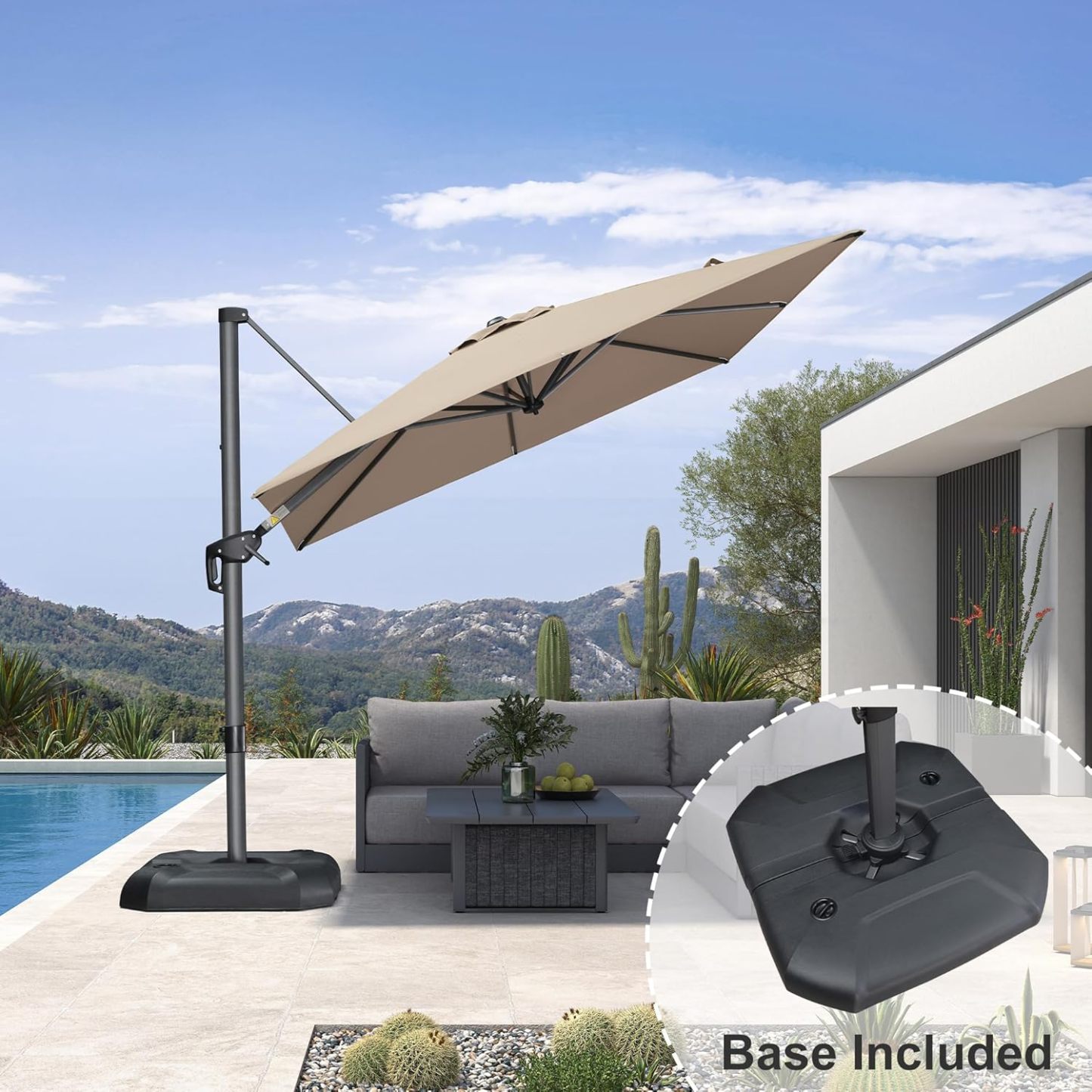 11 Feet Patio Umbrella with Base Outdoor Cantilever Round Umbrella Aluminum Offset Umbrella with 360-degree Rotation for Garden Deck Pool Patio, Beige