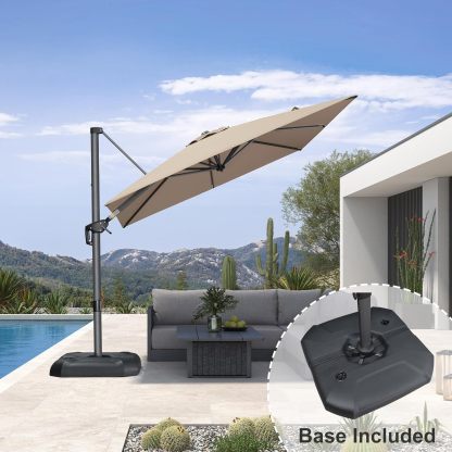 11 Feet Patio Umbrella with Base Outdoor Cantilever Round Umbrella Aluminum Offset Umbrella with 360-degree Rotation for Garden Deck Pool Patio, Beige