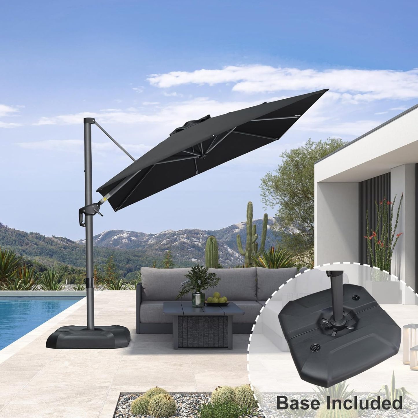 11 Feet Patio Umbrella with Base Outdoor Cantilever Round Umbrella Aluminum Offset Umbrella with 360-degree Rotation for Garden Deck Pool Patio, Beige