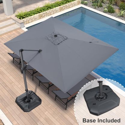 11 Feet Patio Umbrella with Base Outdoor Cantilever Round Umbrella Aluminum Offset Umbrella with 360-degree Rotation for Garden Deck Pool Patio, Beige