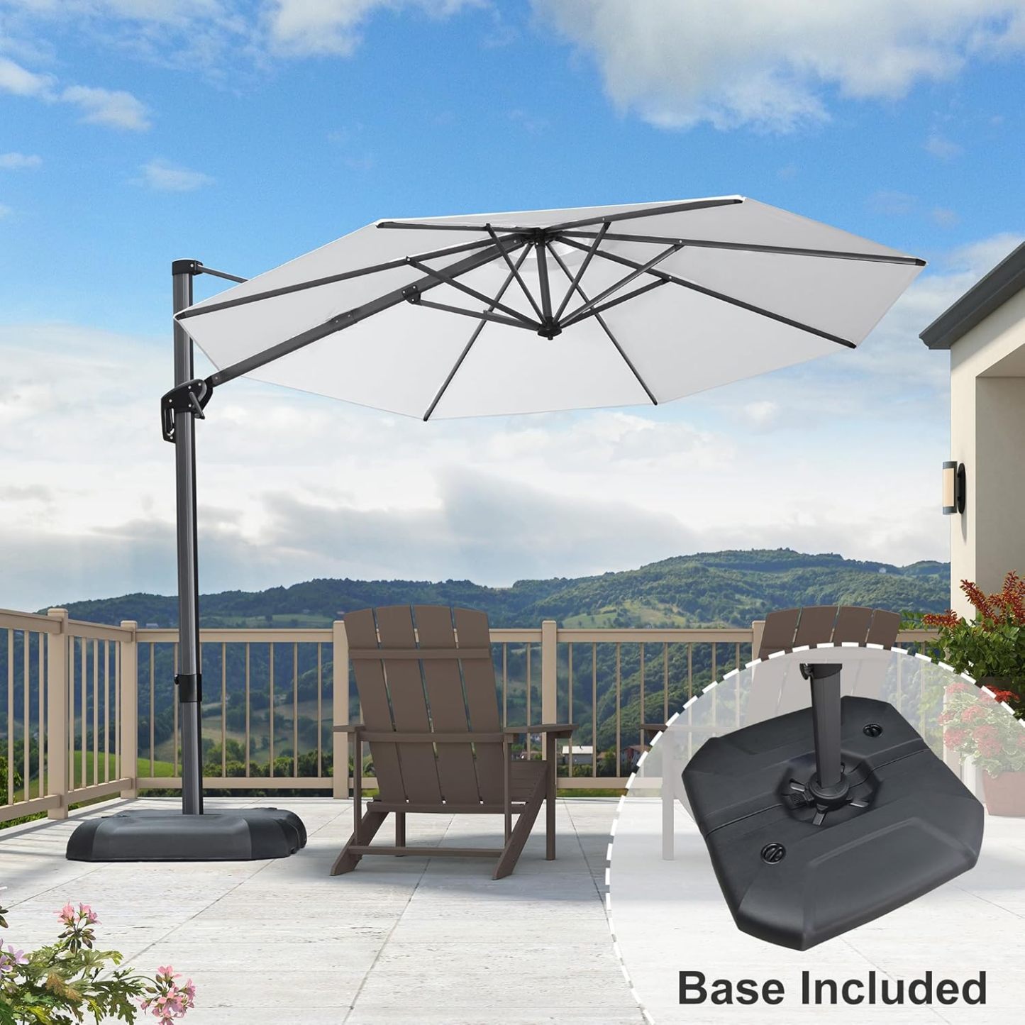 11 Feet Patio Umbrella with Base Outdoor Cantilever Round Umbrella Aluminum Offset Umbrella with 360-degree Rotation for Garden Deck Pool Patio, Beige