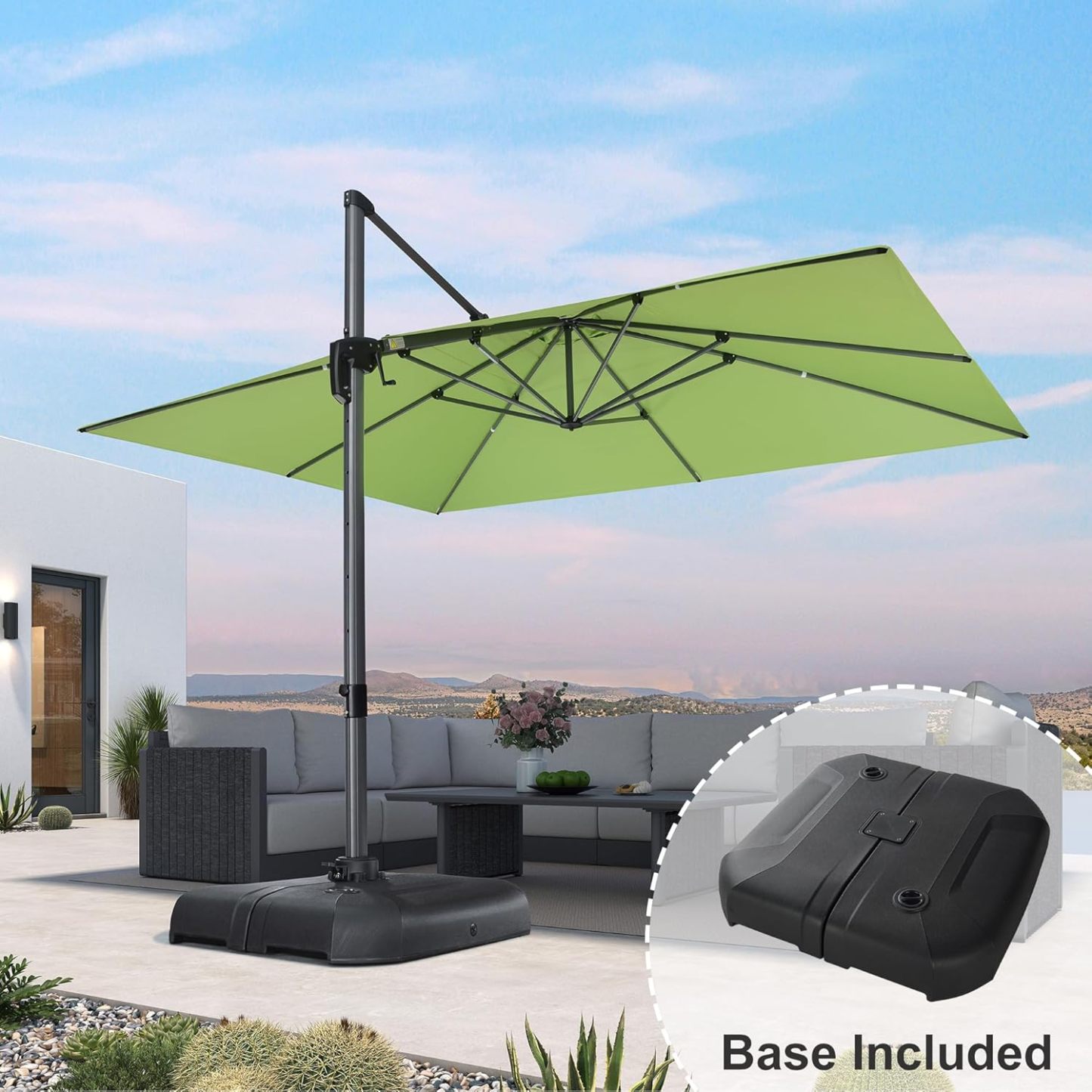 11 Feet Patio Umbrella with Base Outdoor Cantilever Round Umbrella Aluminum Offset Umbrella with 360-degree Rotation for Garden Deck Pool Patio, Beige