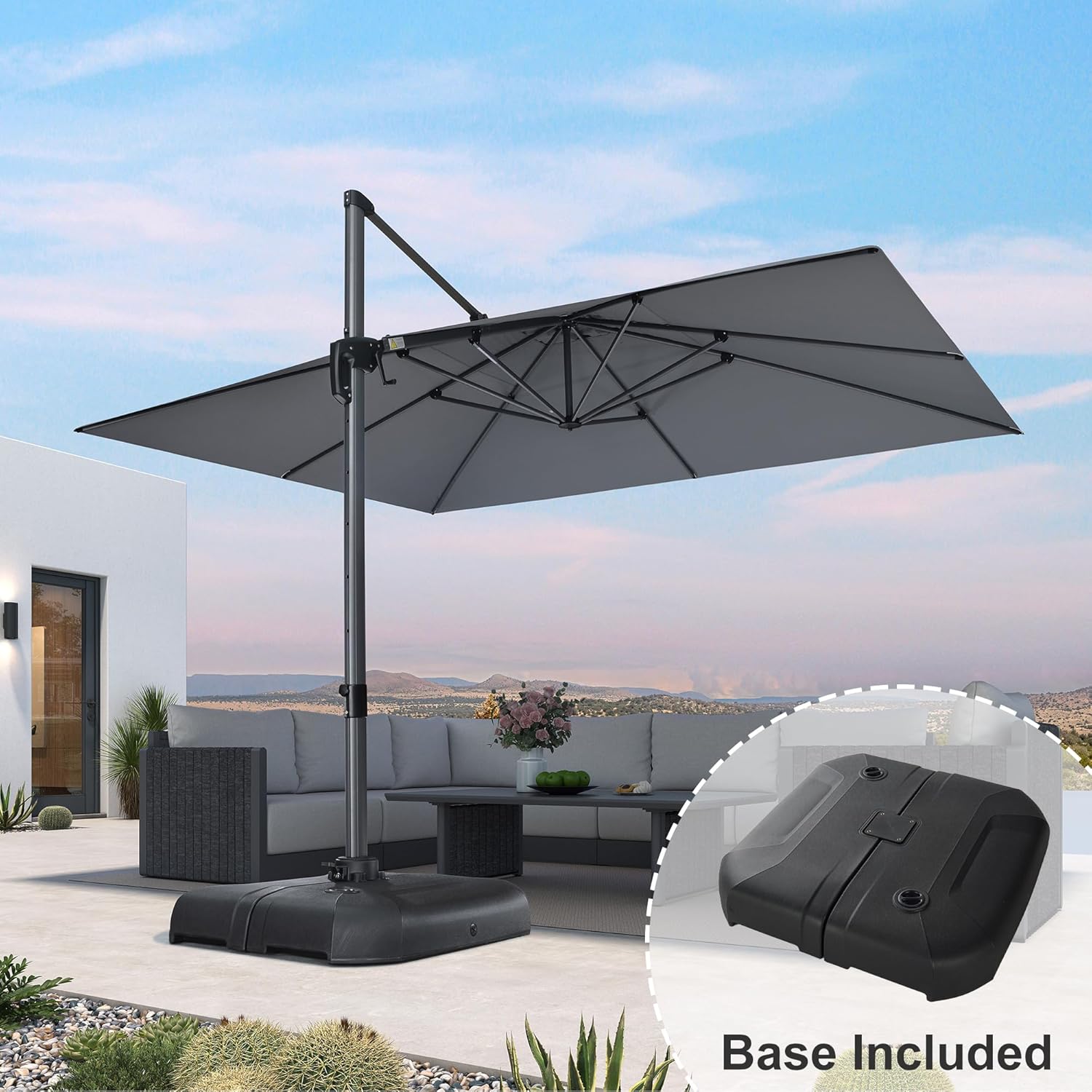 11 Feet Patio Umbrella with Base Outdoor Cantilever Round Umbrella Aluminum Offset Umbrella with 360-degree Rotation for Garden Deck Pool Patio, Beige