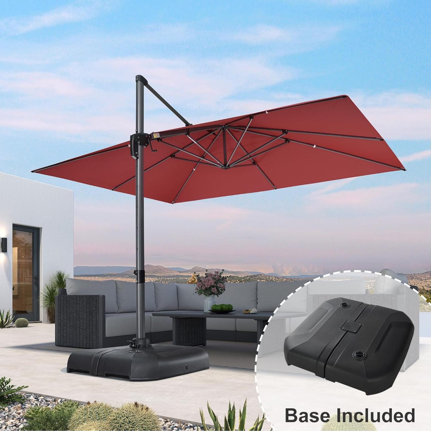 11 Feet Patio Umbrella with Base Outdoor Cantilever Round Umbrella Aluminum Offset Umbrella with 360-degree Rotation for Garden Deck Pool Patio, Beige