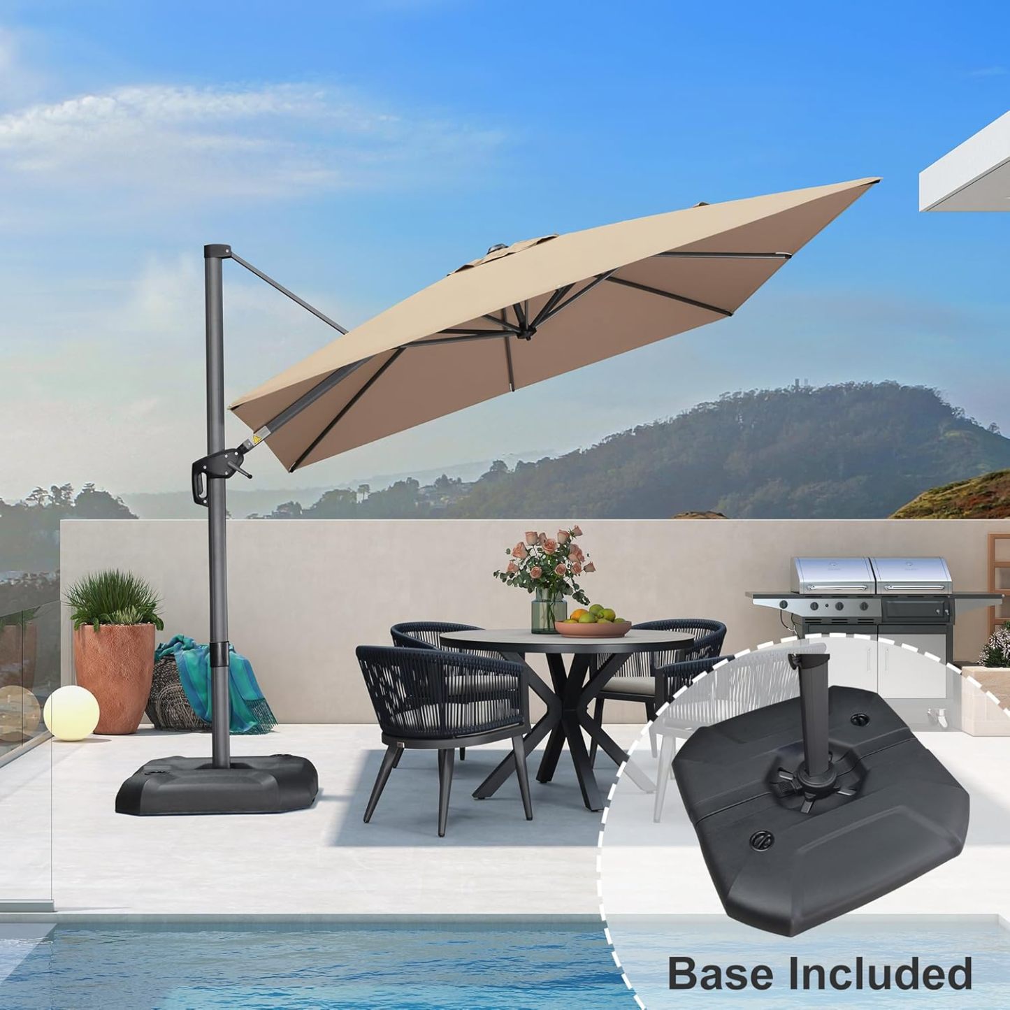 11 Feet Patio Umbrella with Base Outdoor Cantilever Round Umbrella Aluminum Offset Umbrella with 360-degree Rotation for Garden Deck Pool Patio, Beige