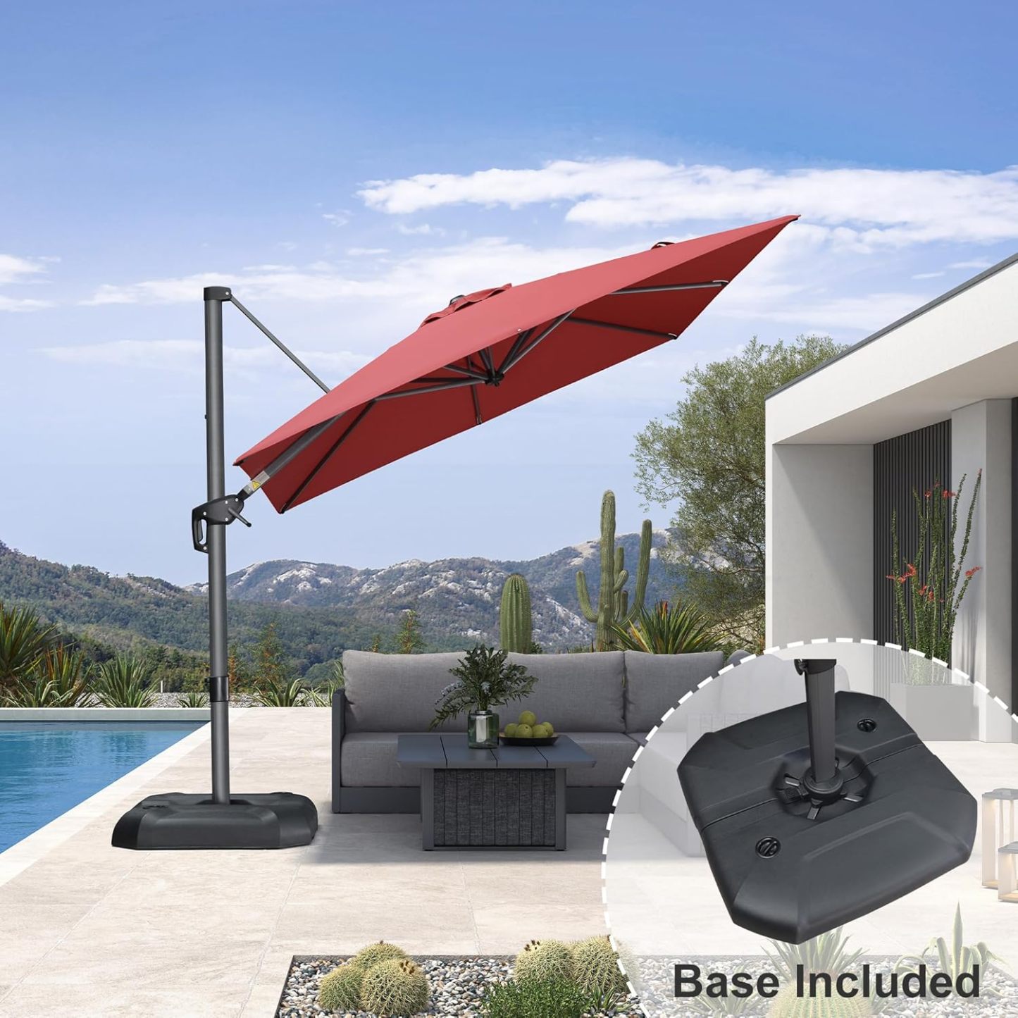 11 Feet Patio Umbrella with Base Outdoor Cantilever Round Umbrella Aluminum Offset Umbrella with 360-degree Rotation for Garden Deck Pool Patio, Beige