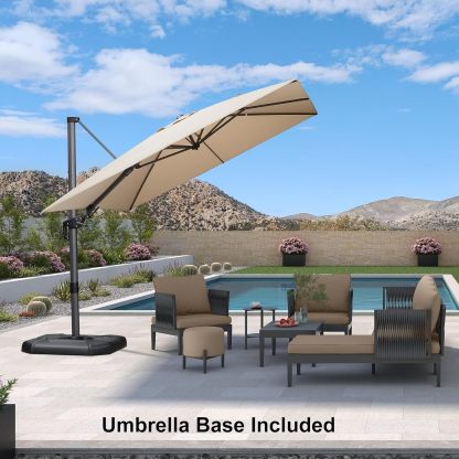 11 Feet Patio Umbrella with Base Outdoor Cantilever Round Umbrella Aluminum Offset Umbrella with 360-degree Rotation for Garden Deck Pool Patio, Beige