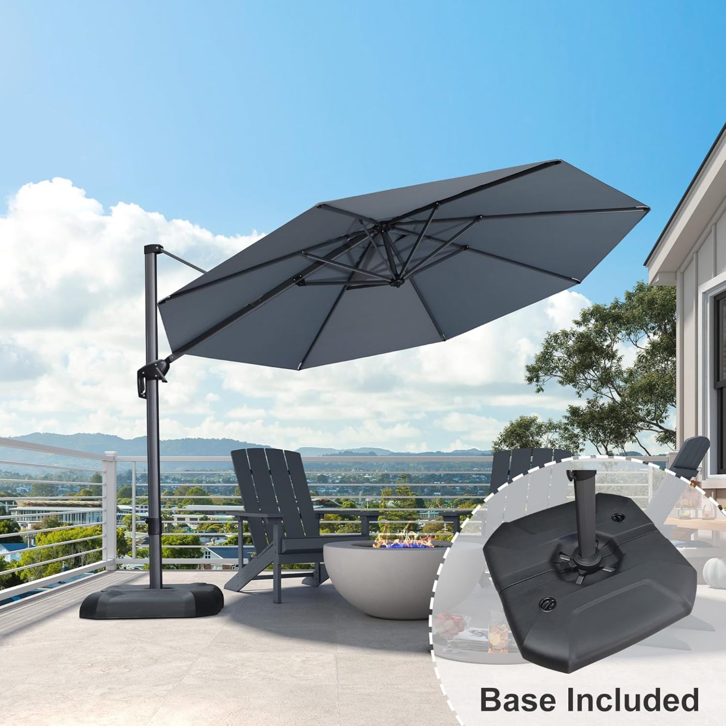 11 Feet Patio Umbrella with Base Outdoor Cantilever Round Umbrella Aluminum Offset Umbrella with 360-degree Rotation for Garden Deck Pool Patio, Beige