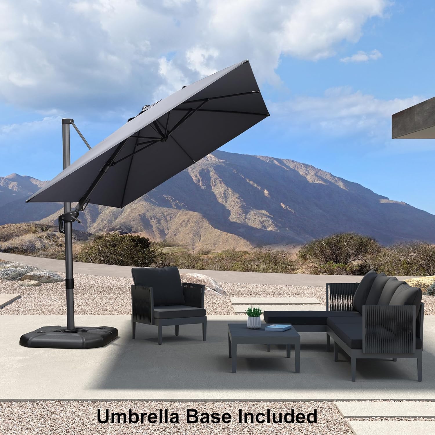 11 Feet Patio Umbrella with Base Outdoor Cantilever Round Umbrella Aluminum Offset Umbrella with 360-degree Rotation for Garden Deck Pool Patio, Beige