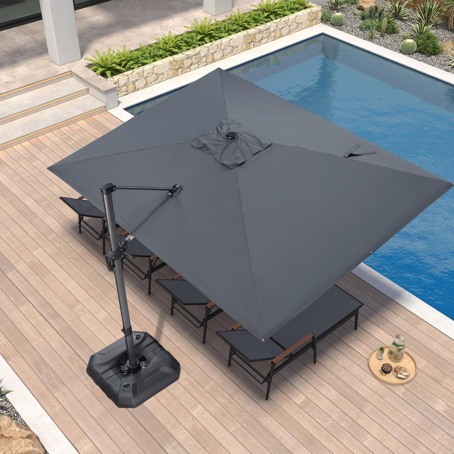 11 Feet Patio Umbrella with Base Outdoor Cantilever Round Umbrella Aluminum Offset Umbrella with 360-degree Rotation for Garden Deck Pool Patio, Beige