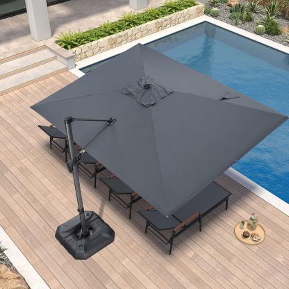 11 Feet Patio Umbrella with Base Outdoor Cantilever Round Umbrella Aluminum Offset Umbrella with 360-degree Rotation for Garden Deck Pool Patio, Beige